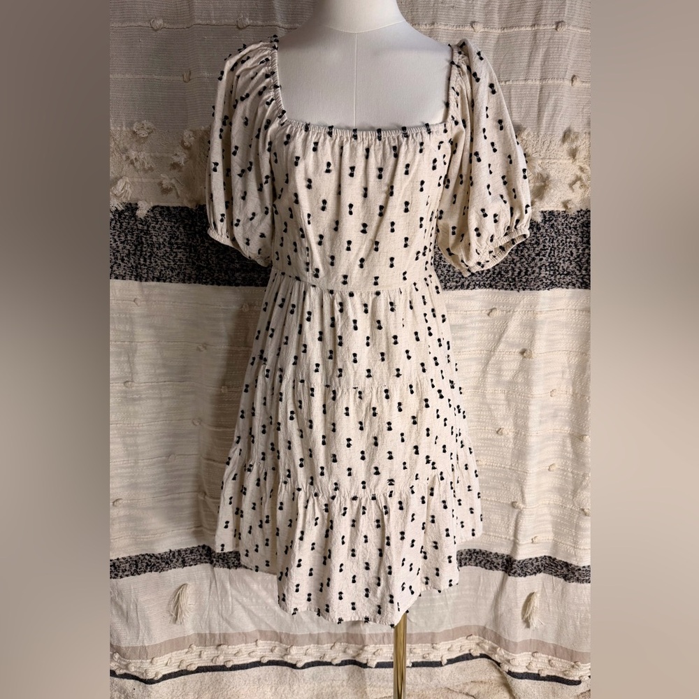 Sim & Sam 100%Cotton Women's Cream Puff-Sleeve Sundress with Black textured